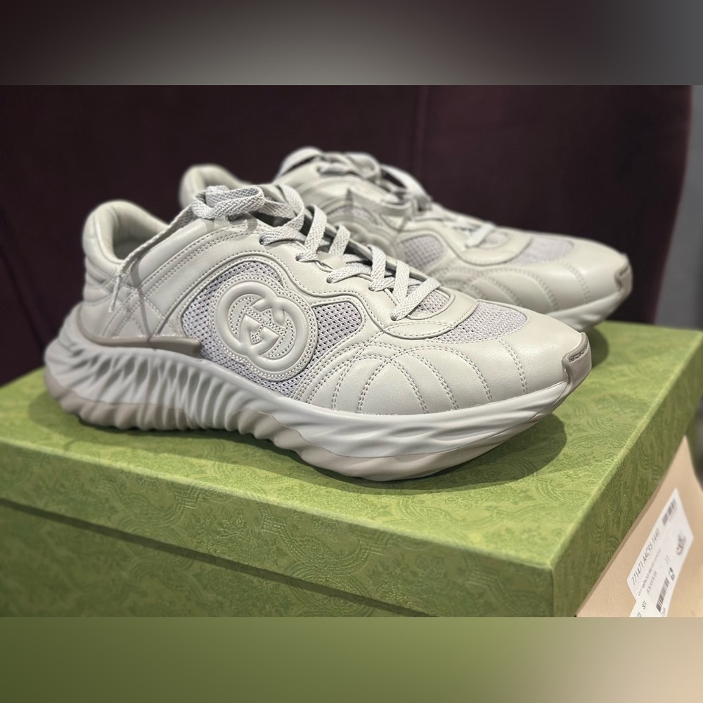 Authentic Gucci All-White Embossed GG Leather Sneakers